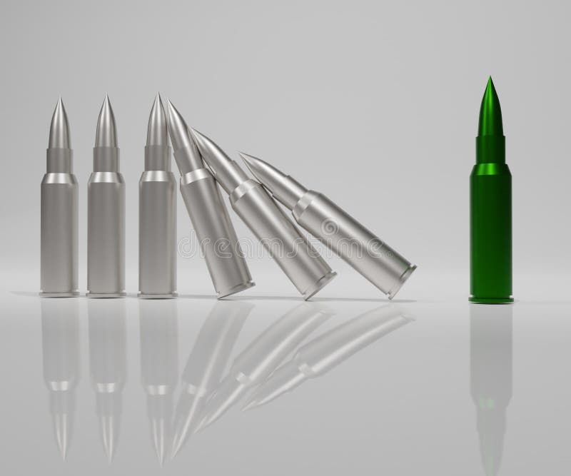 Green bullet, green ammunition or green ammo arrayed with normal bullets vector illustration