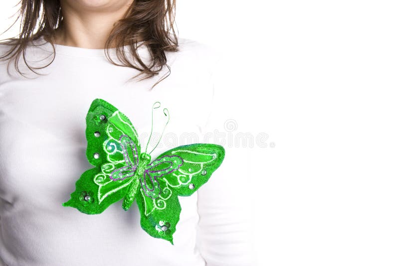 Green Butterfly on Young Woman Chest Stock Image Image of care