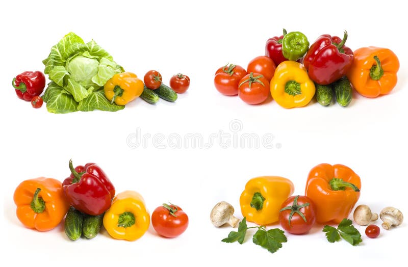 Green cabbage. Yellow pepper. Red tomatoes and cucumbers on a white background. Composition from different vegetables on a white b royalty free stock photos