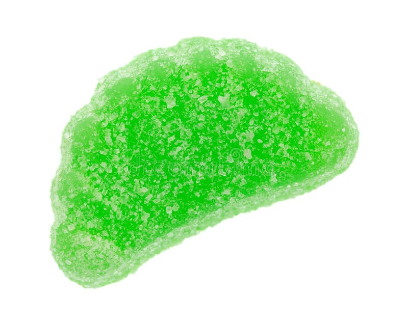 Green candy fruit slice with sugar on a white background