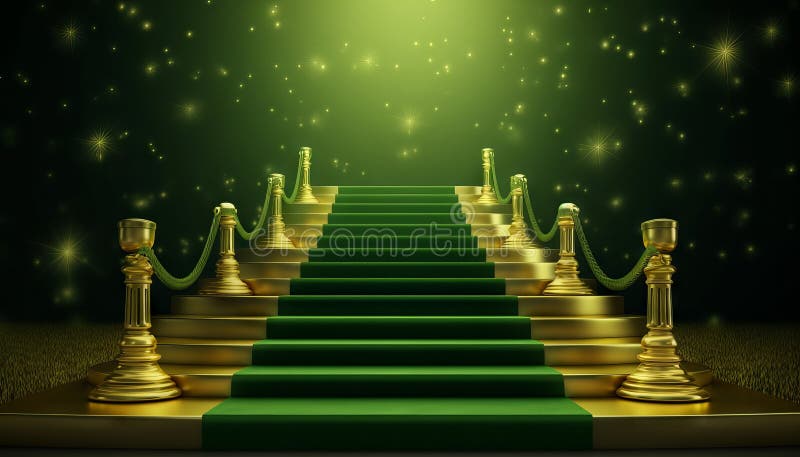 Green Carpet Bollywood Stage, Green Steps Spot Light Backdrop of the Golden Regal Awards. Generative ai