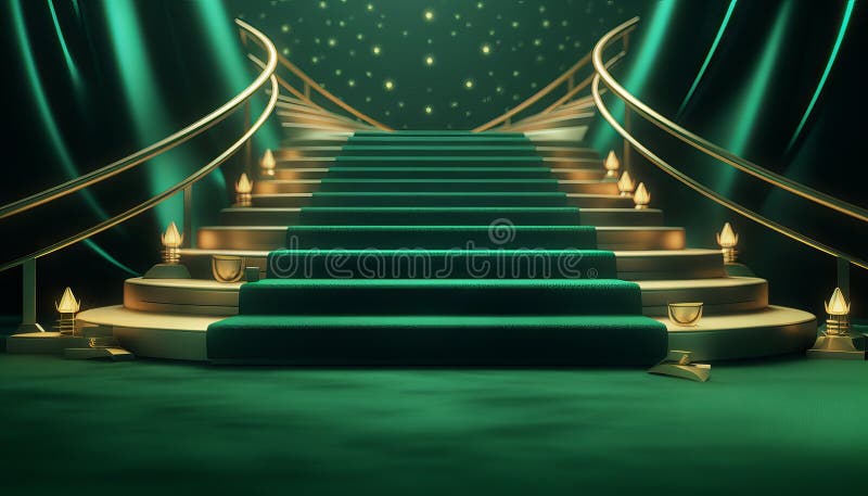 Green Carpet Bollywood Stage, Green Steps Spot Light Backdrop of the Golden Regal Awards. Generative ai