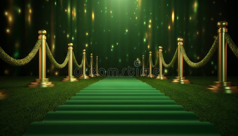 Green Carpet Bollywood Stage, Green Steps Spot Light Backdrop of the Golden Regal Awards. Generative ai