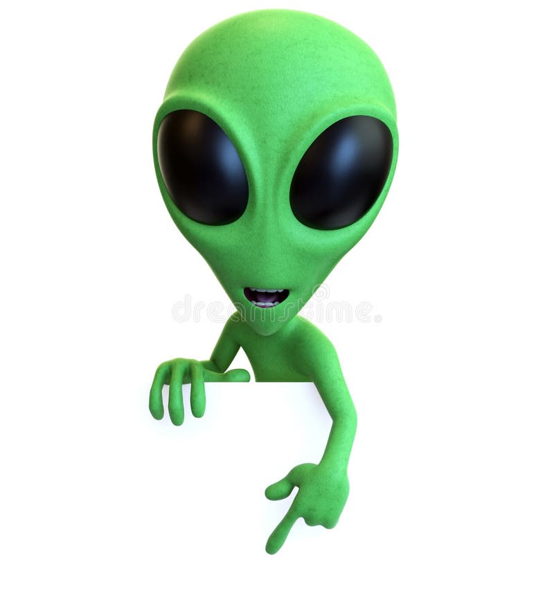 Green Cartoon Alien Pointing Down at Sign