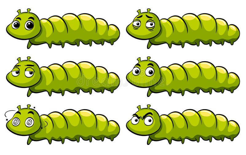 Green caterpillar with different emotions illustration