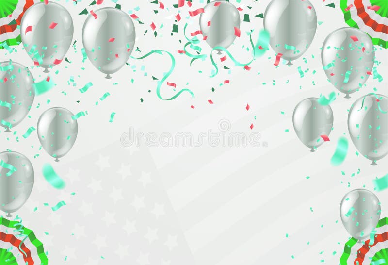 Green Celebration with Ribbon, Confetti and Balloon Stock Vector