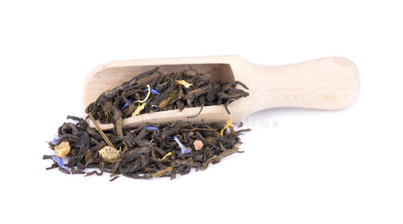 Green Ceylon tea with cornflower and candied fruit, isolated on white background. royalty free stock image Green Ceylon tea with cornflower and candied fruit, isolated on white background. royalty free stock image