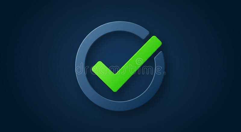 A green checkmark inside a dark blue circle on a dark blue background. The vector illustration