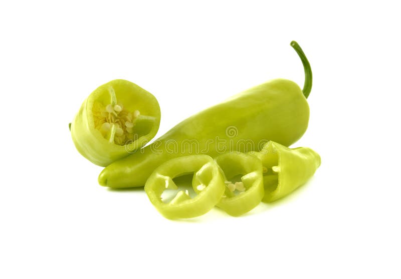 Green chili peppers with stem on white background