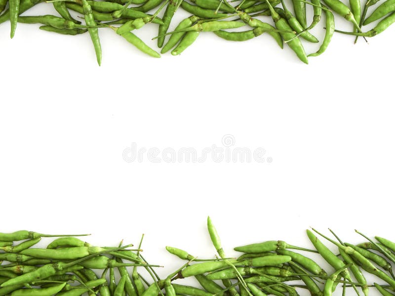 Green chili peppers on white background, top view. Green chili peppers on white background, top view