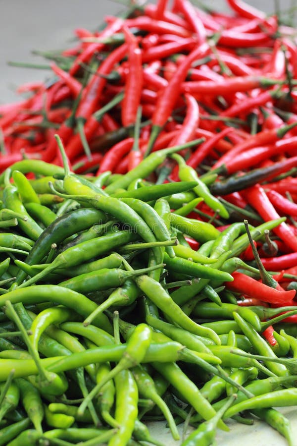Green Chili and Red Chili on the Market. Stock Photo Image of spicy