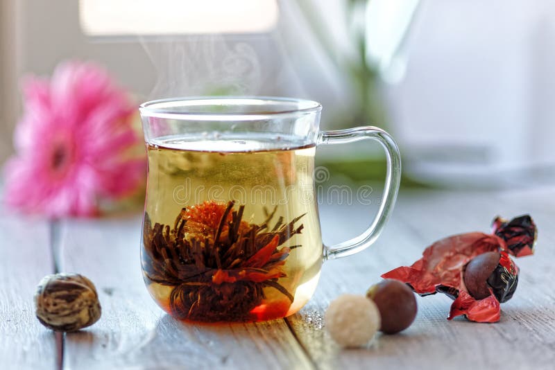 Green chinese tea flower bud blooming in glass tea cup. Morning breakfast. shallow depth of field stock image Green chinese tea flower bud blooming in glass tea cup. Morning breakfast. shallow depth of field stock image