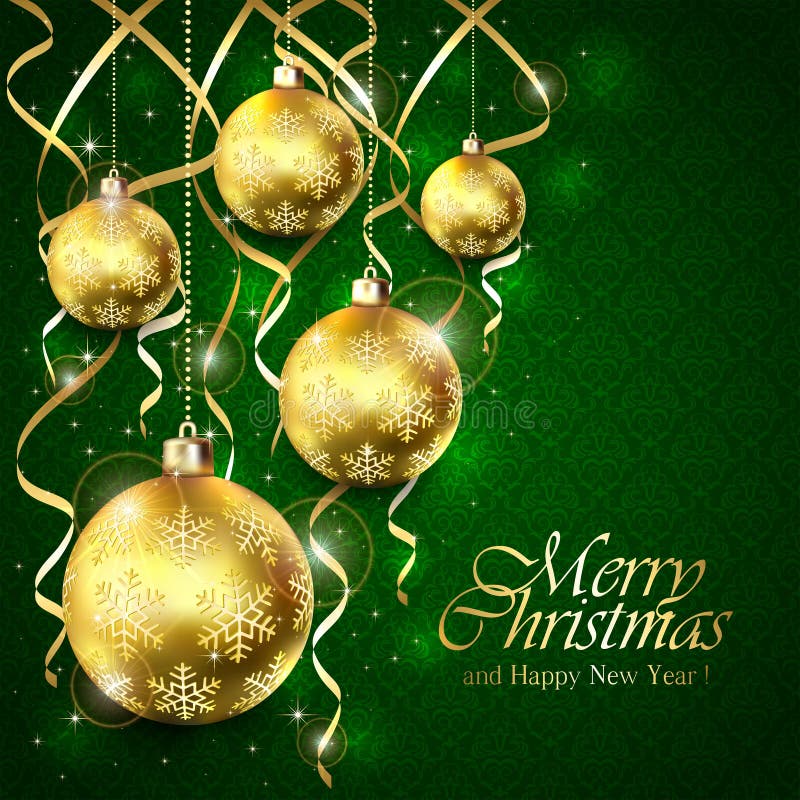 Green Christmas background with balls and golden tinsel