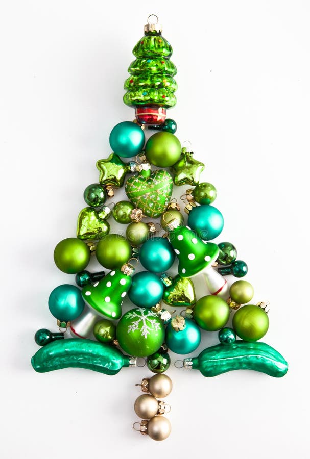 Green Christmas Ornaments in a Tree Shape Stock Image Image of