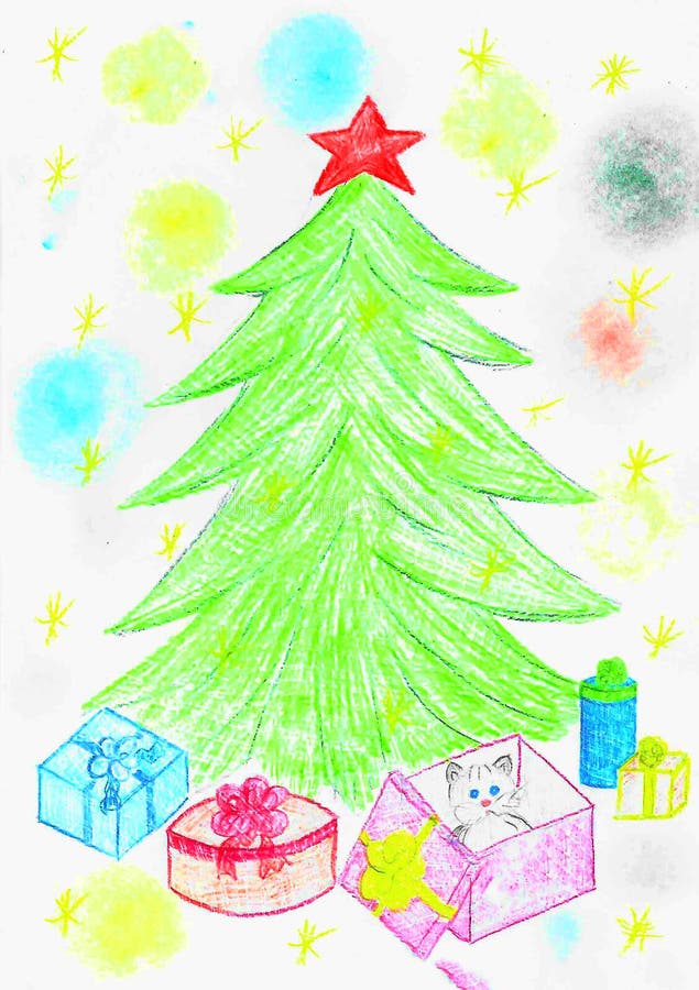 Christmas tree and gifts (child's drawing on the computer Stock