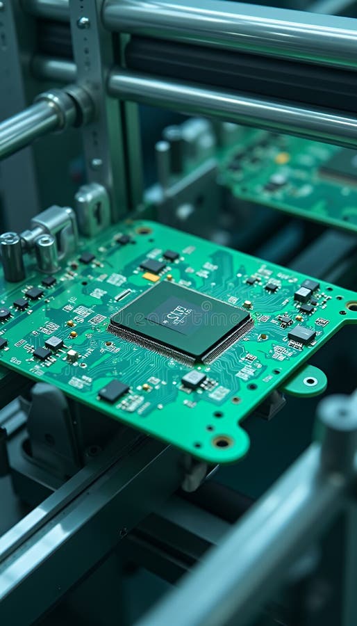 Green Circuit Board on Silver Conveyor Belt in Modern Manufacturing royalty ilustracja