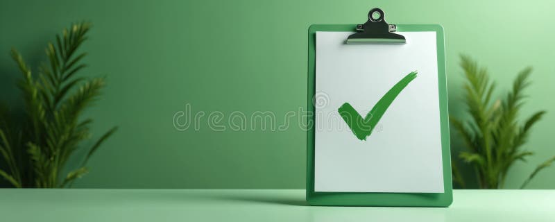 Green clipboard with checkmark. Task completed approved concept. Checklist document with mark over green plant background. stock illustration