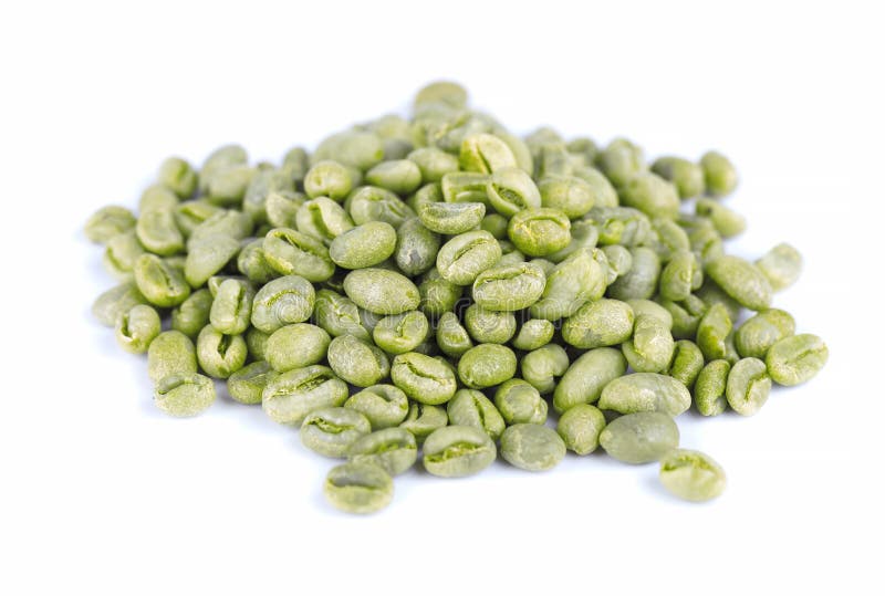 Green Coffee Beans, Isolated on White Background. Medium Green Peaberry Coffee Beans. Stock