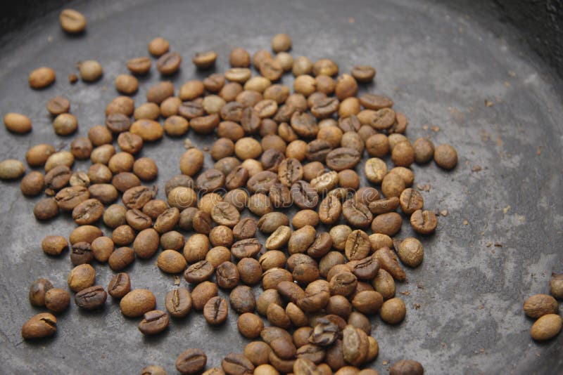 Green Coffee Beans Roasting on the Black Pan Stock Photo Image of