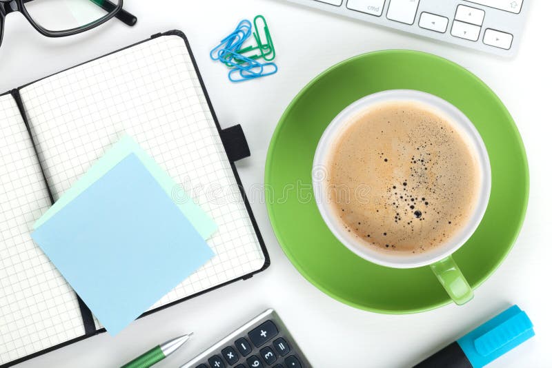 Green Coffee Cup and Office Supplies Stock Photo Image of notebook