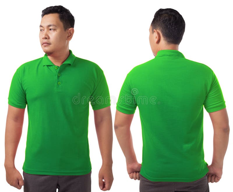 Blank collared shirt mock up template, front and back view, Asian male model wearing plain green t-shirt isolated on white. Polo tee design mockup presentation for print. Blank collared shirt mock up template, front and back view, Asian male model wearing plain green t-shirt isolated on white. Polo tee design mockup presentation for print