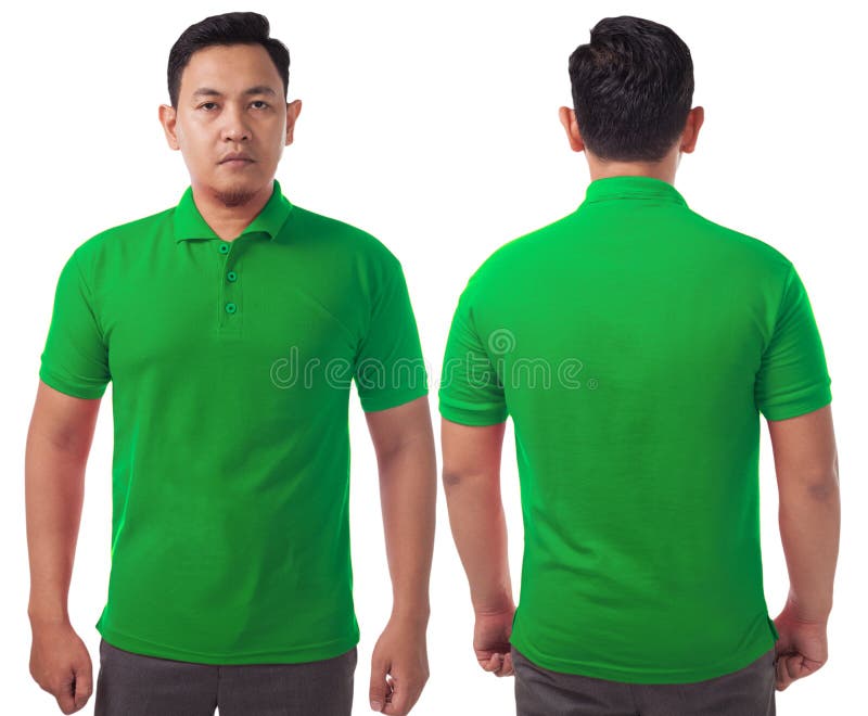 Blank collared shirt mock up template, front and back view, Asian male model wearing plain green t-shirt isolated on white. Polo tee design mockup presentation for print. Blank collared shirt mock up template, front and back view, Asian male model wearing plain green t-shirt isolated on white. Polo tee design mockup presentation for print