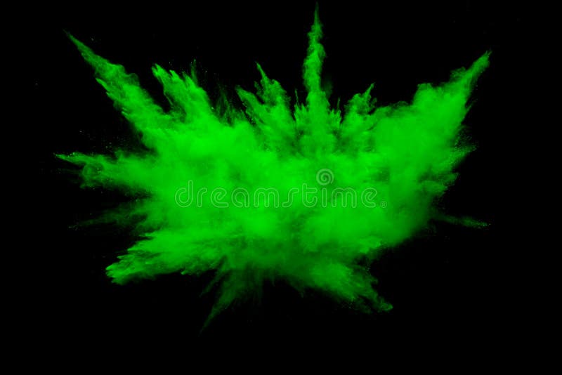 Green color powder explosion cloud isolated on black background