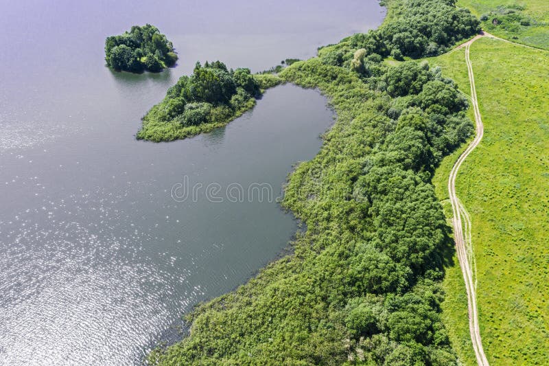 Green countryside landscape with dirt road on lake shore. aerial view