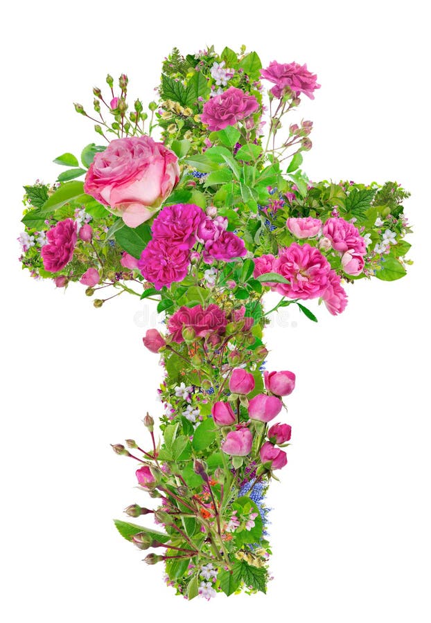 Green cross  with blossom sharp roses  of Jesus in my heart  isolated floral