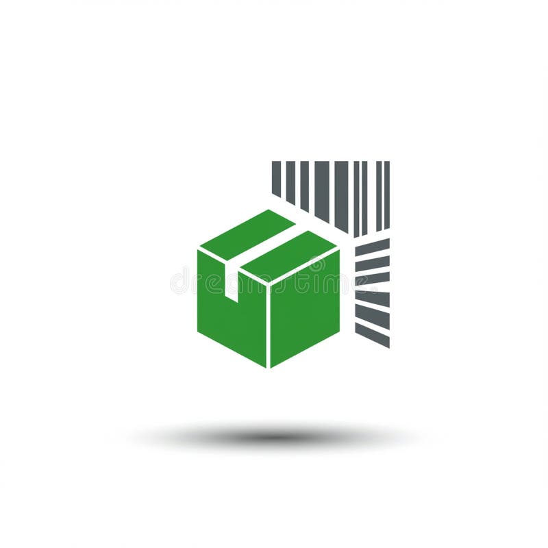 Green cube packaging box icon with a white line representing tape on top, adjacent to a stylized gray barcode design. The barcode features varying line lengths, creating a visual contrast with the bold green box. The design suggests themes of commerce, shipping, or logistics, symbolizing packaging and product identification. The minimalist composition and modern colors emphasize functionality and efficiency, possibly related to inventory management or automation in retail. Shadow beneath adds a three-dimensional effect. Packaging tape logo illustrations