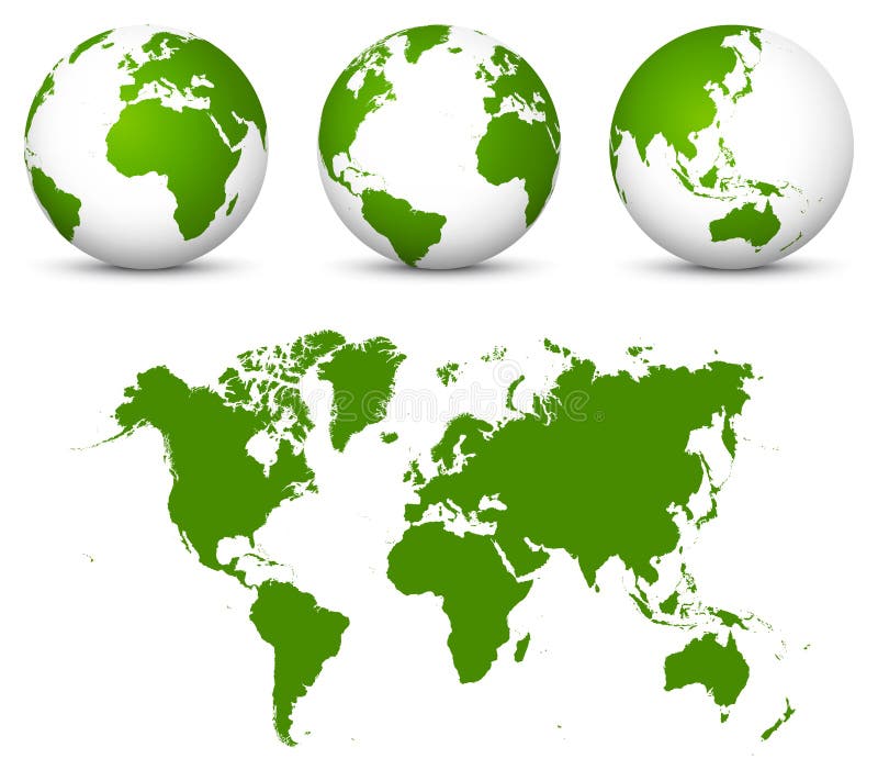 Green 3D Vector World - Globe Collection and Undistorted 2D Earth Map in Green Color. royalty free illustration Green 3D Vector World - Globe Collection and Undistorted 2D Earth Map in Green Color. royalty free illustration