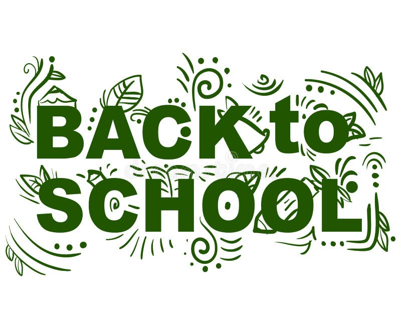 Green decor text back to school with bell, book, pencils and leaves