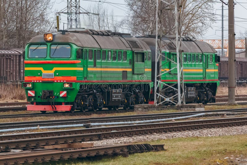 Green diesel locomotive stock image