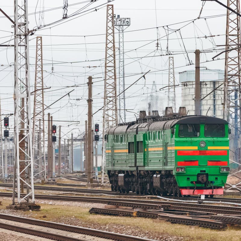 Green diesel locomotive stock photo