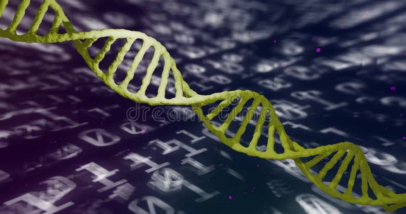 Green DNA double helix stretching across digital backdrop, showing binary digits and magenta specks stock video footage
