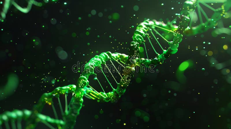 Close-up of a glowing green DNA helix on a dark background. image. Gene sequence stock images, royalty-free photos and pictures