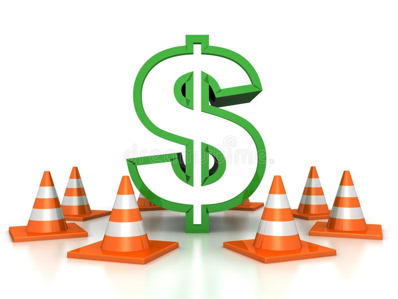 Green Dollar Sign Protected by Road Traffic Cones Stock Illustration