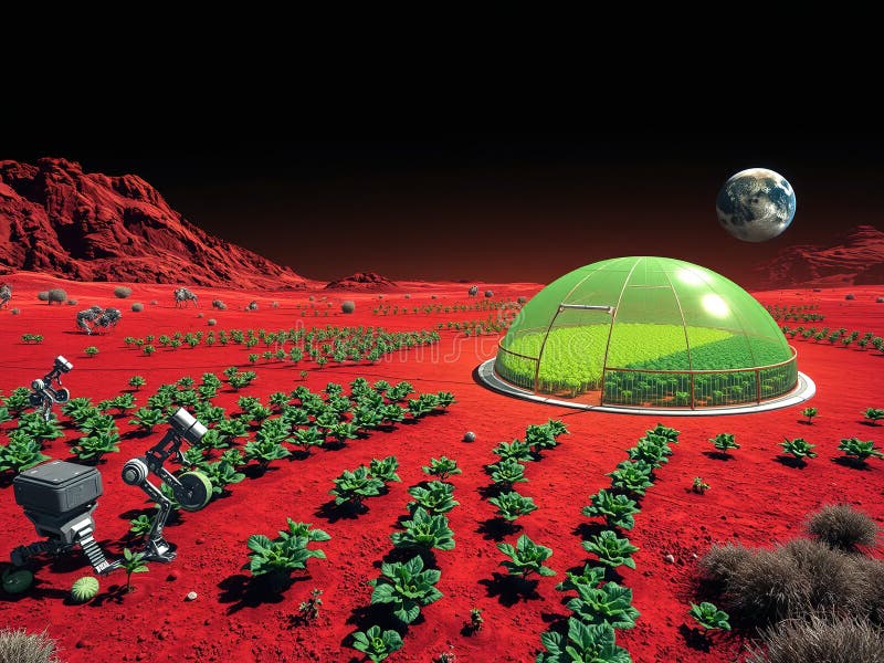 A green dome is in the middle of a red land of mars stock illustration.