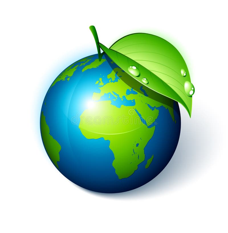 Green earth with a leaf clipart illustration. Green drop vectors