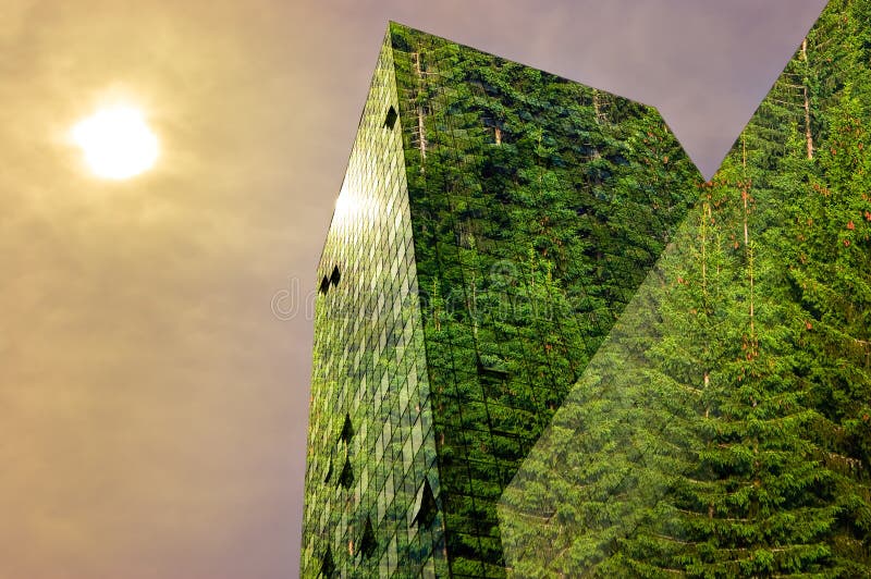 Green energy in the city: modern building covered with trees. Green energy in the city: modern building covered with trees