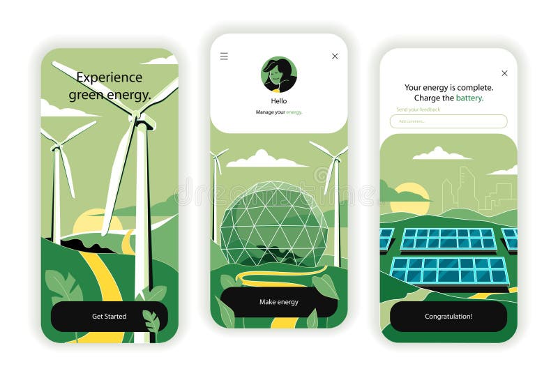 Green energy concept onboarding screens. UI, UX, GUI user interface kit stock illustration
