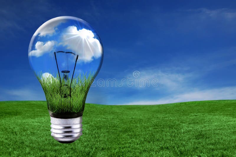 Concetto globale di Energia Verde, Con Soluzioni di Luce di lampadina del Pianeta e sul Paesaggio Luminoso.
