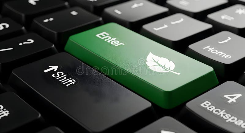 Green Enter key with leaf on computer keyboard stock illustration