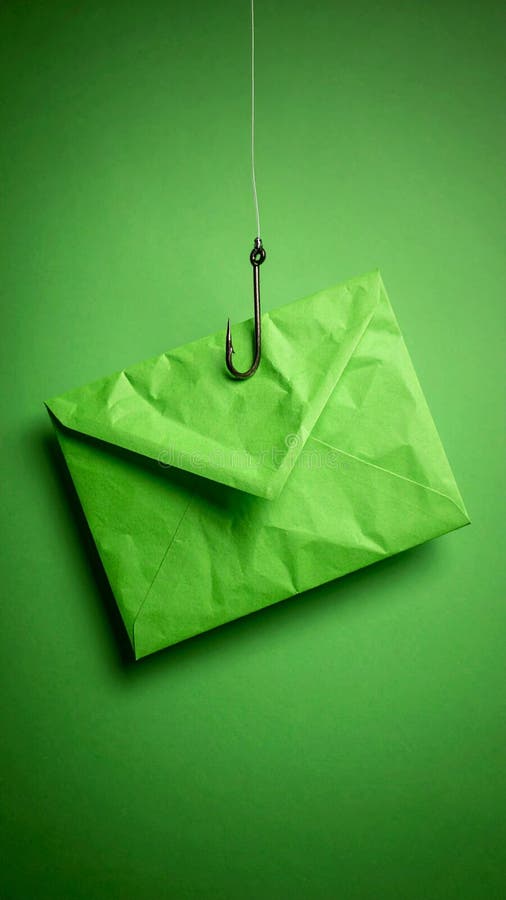 Green envelope on a fish hook, concept of phishing, scam, or online fraud. royalty free stock photo