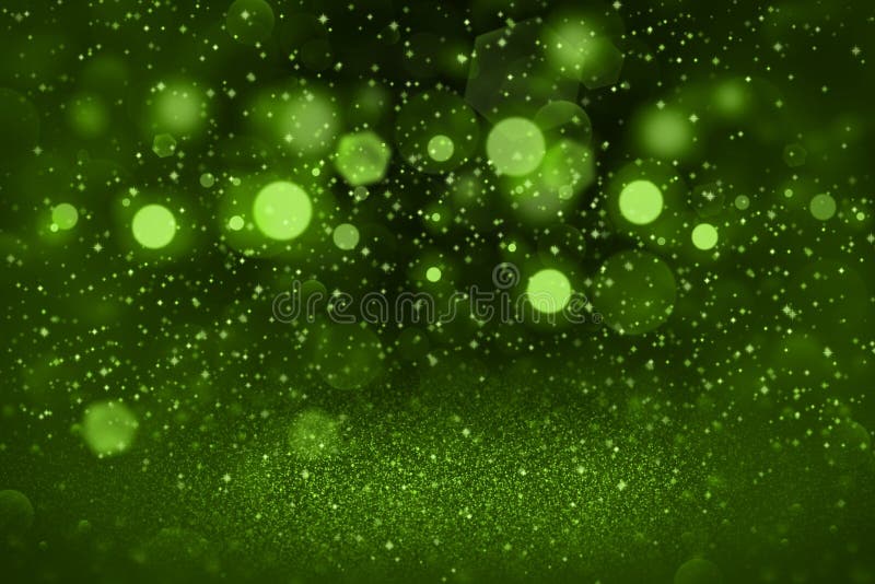 Green fantastic bright glitter lights defocused bokeh abstract background with sparks fly, festive mockup texture with blank space