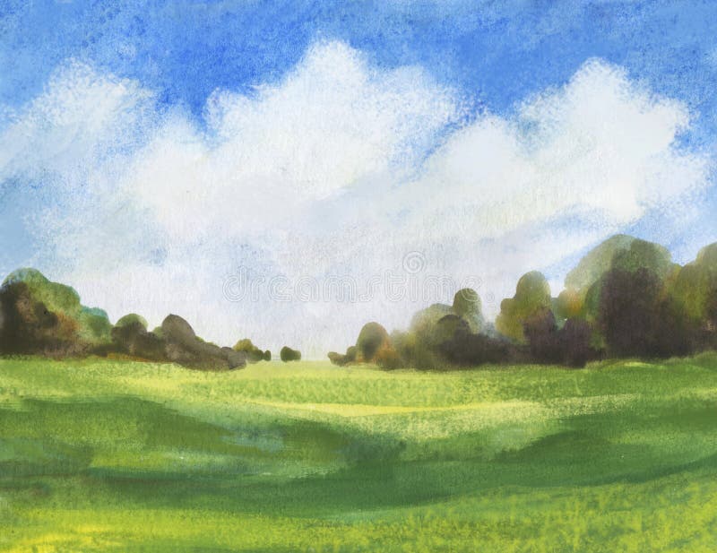 Green field trees, white clouds on blue sky abstract watercolor background. hand drawn illustration