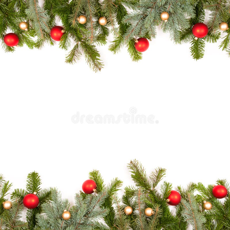 Green fir twig frame with christmas balls stock photography