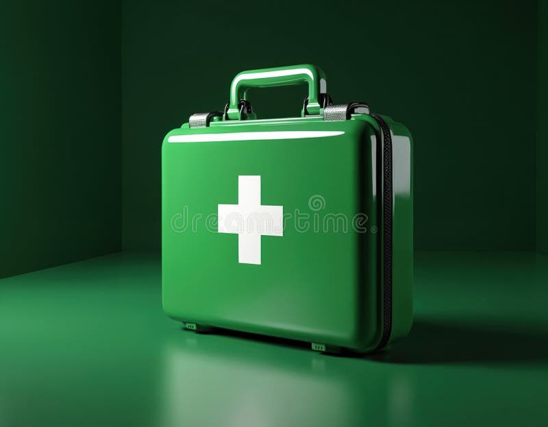 Green first aid kit with white cross on front. Kit is closed and has handle on top. It is standing on green floor against green stock illustration