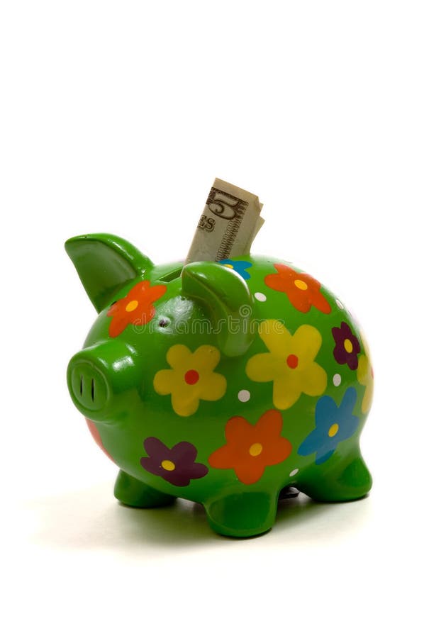 Green Flowery piggy bank with money