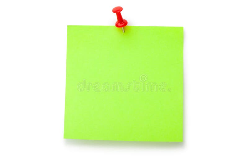 Green fluorescent sticker on red thumbtack stock photos